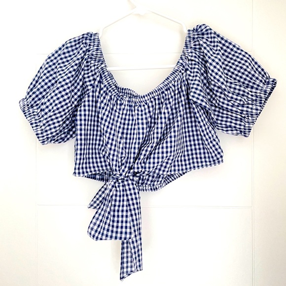 Gingham Off-The-Shoulder Crop Top - Picture 1 of 2